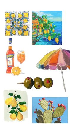 an assortment of art work including oranges, lemons, and wine bottles with umbrellas