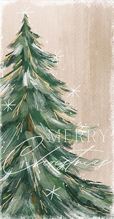 a painting of a christmas tree with snowflakes on it's branches and the words merry written in white