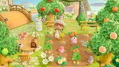 an animal farm with lots of trees and animals in the yard, surrounded by flowers