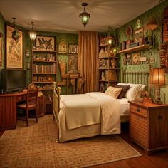 a bedroom with green walls and wooden floors