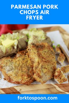 parmesan pork chops air fryer recipe on a cutting board with text overlay