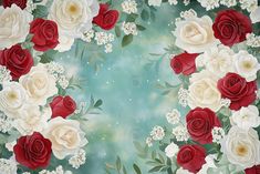 an image of red and white roses on a green background