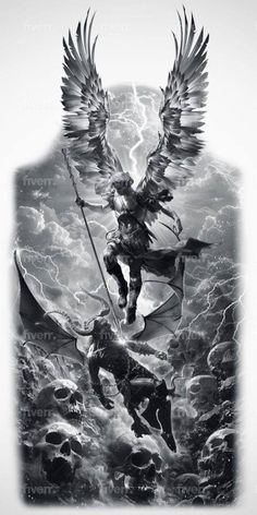 a black and white photo of an angel with wings on top of a demon in the sky