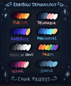 the rainbow demonology color palette is shown on a black background with stars and clouds