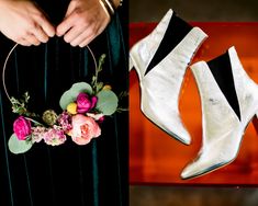 a woman wearing white high heel shoes next to a pair of flowers and a hoop