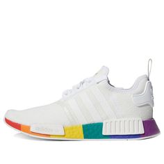 The adidas NMDR1 'Pride' is a classic sneaker that rewrites the rules. It takes inspiration from past styles to create a unique look. The knitted upper is combined with a Boost midsole for a comfortable fit. The signature NMD heel pull and EVA midsole inserts with a rainbow-colored midsole make it stand out. Perfect for everyday wear, this sneaker is sure to make a statement. It's a must-have for any sneakerhead looking to add a touch of style to their wardrobe. (SNKR/Casual/Unisex/Low Top) Adidas Lace-up Sneakers For Light Sports, Dunk Low Nike, Adidas Nmd R1, Nmd R1, White Cloud, Adidas Nmd, Cloud White, Nike Dunk Low, Classic Sneakers