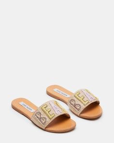 SEASIDE Raffia Slide Sandal | Women's Sandals – Steve Madden Embellished Flats, Leather Socks, Women's Sandals, Text Design, Slide Sandals, Steve Madden, Sunnies, Womens Sandals, Heel Height