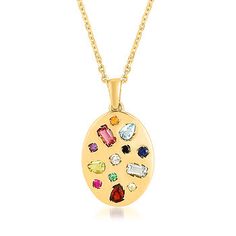 Ross-Simons - Italian .40ct t. w. Multi-Gemstone Pendant Necklace, Diamond Accent. 16". This high-spirited necklace is full of little surprises! The oval-shaped pendant is sprinkled with a cheerful assortment of .40 ct. tot. gem wt. multi-shaped garnet, ruby, citrine, peridot, emerald, sky blue topaz, aquamarine, sapphire, pink tourmaline, amethyst and black spinel accents and a singular diamond accent. Made in Italy. Suspends from a 14kt yellow gold cable chain with a 2" extender. Lobster clasp Gemstone Pendant Design, 14k Gold Pendant With Gemstone, Jewelry Reference, Mosaic Pendant Necklace, Grandma Jewelry, Pendant Necklace Diamond, Flush Setting, Multi Gemstone Necklace, Necklace With Diamond