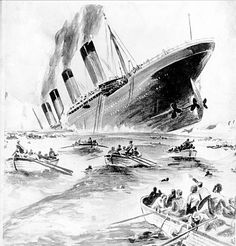 an old drawing of a sinking cruise ship in the water with people on small boats