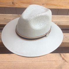 Panama Style Hat I Have Large And Medium Available Unisex Gray Brimmed Hat For Vacation, Gray Curved Brim Vacation Hat, Gray Wide Brim Hat For Vacation, Gray Wide Brim Summer Hat, Gray Short Brim Hat For Vacation, Adjustable Gray Wide Brim Hat Bands, Adjustable Gray Hat For Rodeo, Country Style Felt Hat For Summer Outdoor, Casual Gray Fedora For Summer