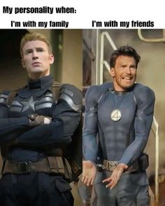 two men dressed as captain america and the caption reads, my personality when i'm with my family i'm with my friends