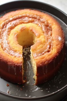 a bundt cake is cut into pieces on a plate