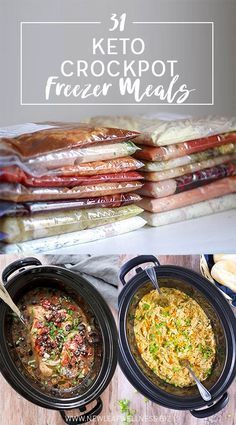 three crockpot meals with text overlay that reads 31 keto crockpot freeze meals