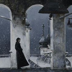 a painting of a woman standing in front of a building with snow falling on the ground