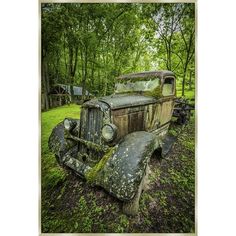 an old car is sitting in the grass near some trees and other green plants, with moss growing on it