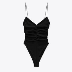 Ruched Black Spaghetti Strap Bodysuit Chic Black Ruched Bodysuit, Summer Ruched Bodysuit For Night Out, Spaghetti Strap Bodysuit, Strap Bodysuit, Black Spaghetti, Black Spaghetti Strap, Black Bodysuit, Zara Black, Zara Tops