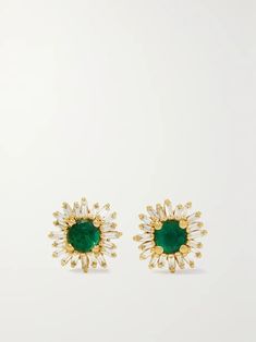 SUZANNE KALAN 18-karat gold, emerald and diamond earrings | NET-A-PORTER Emerald And Diamond Earrings, Suzanne Kalan, Vs Diamond, Emerald Earrings, Diamond Hoop Earrings, Cluster Earrings, Fine Earrings, Ear Piercings