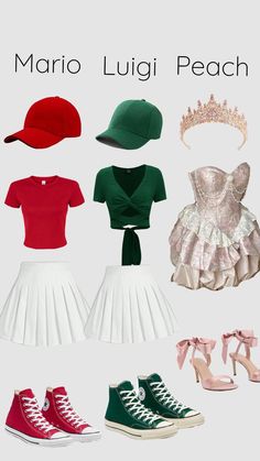 four different types of clothes and shoes with the caption mario luigi peach