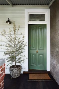 a green front door on a white house with a plant in the pot next to it