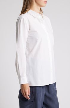 A classic spread collar furthers the modern-chic style of this button-up shirt fashioned from organic cotton. 29" length Front button closure Spread collar Long sleeves with button cuffs 100% organic cotton Machine wash, tumble dry Imported Classic Everyday Blouse With Button Cuffs, Classic Everyday Blouse, Timeless Collared Shirt For Daywear, Modern Button-up Shirt For Daywear, Classic Button-up Shirt For Daywear, Classic Everyday Blouse With Fold Down Collar, Classic Blouse With Fold Down Collar For Everyday, Classic Blouse With Fold Down Collar, Business Casual Shirt With Concealed Placket