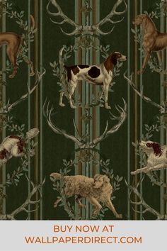 an animal themed wallpaper with dogs and antlers on green, brown and white stripes