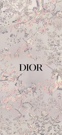 the word dior is surrounded by flowers and leaves on a gray background with black lettering