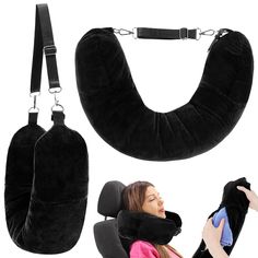 the neck pillow is attached to an adjustable seat belt and has two straps on each side