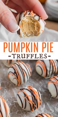 pumpkin pie truffles with chocolate drizzled on top and candy in the middle