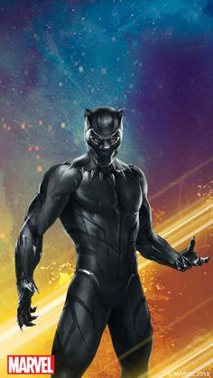 the black panther is standing in front of an orange and blue background