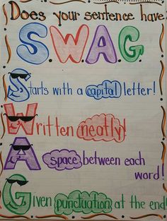 a poster with words written on it that says, does your sentence have swag? starts with a capital letter