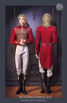 two men in red coats and white pants standing next to each other with their hands on their hips