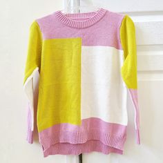 Nwot Colorblock Sweater In Strawberry Pink, White, And Chartreuse. A Fun Way To Add Color To Your Closet! One Size, Fits Like Size S Pit To Pit: 18 Inches Sleeve (From Shoulder Hem): 20.5 Inches Back Collar To Bottom Hem: 24 Inches Yellow Long Sleeve Top With Contrast Color, Pink Contrast Color Sweater For Spring, Pink Contrast Color Spring Sweater, Spring Pink Contrast Color Sweater, Spring Pink Sweater With Contrast Color, Trendy Yellow Color Block Sweater, Nautical Sweater, Preppy Sweater, Strawberry Pink