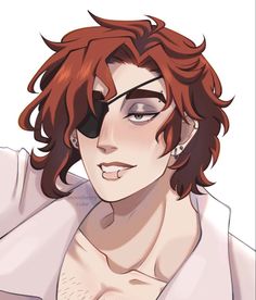 an anime character with red hair and eyeliners, wearing a white shirt is looking at the camera