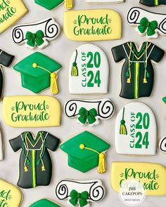 decorated cookies with green and yellow graduation decorations