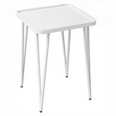 a white side table with two legs and a tray on the top that has an upside down design