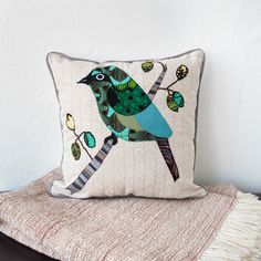 Bird Pillow - Kenyan materials and design for a fair trade boutique Bird Pillow, Bird Crafts, Birds Of A Feather, Bird On Branch, Kitenge, Cotton Pillow Cases, Cotton Pillow, Bird Feathers, Blue Bird