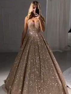 A-Line/Princess V-neck Sequins Ruffles Floor-Length Sleeveless Dresses Gold Ball Gown, Sequin Prom Dresses Long, Sparkly Prom Dresses, Gorgeous Prom Dresses, Gold Gown, 파티 드레스, Prom Dresses With Pockets, Long Prom Gowns, Sequin Prom Dress