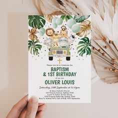 Safari themed 1st birthday / baptism invitation featuring tropical green and gold watercolor greenery and a group of cute jungle animals Baptismal Theme, Safari Birthday Invitation, Safari Birthday Theme, 1st Birthday Invitation, Invitation Safari Theme, 1st Birthday And Baptism Ideas Boy, Baptismal Invitation, Baptismal Theme Boy