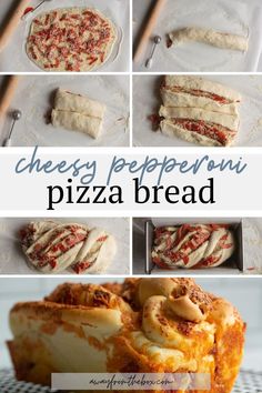 the steps to making cheesy pepperoni pizza bread are shown in this collage