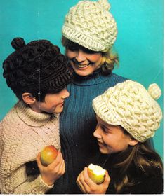 three girls wearing knitted hats and holding apples in front of the caption reads patons