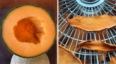 the inside of a cantaloupe being peeled and placed on a wire rack