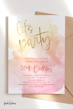 a pink and gold watercolor birthday party card