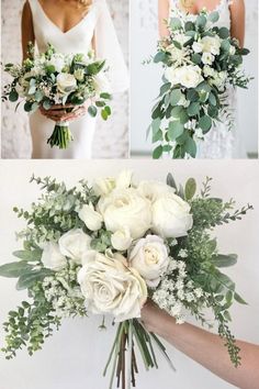 the bride is holding her wedding bouquet with white flowers and greenery on it's arm