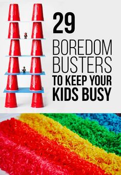 the words 29 boredom busters to keep your kids busy on top of a rainbow rug