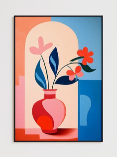 a painting with flowers in a vase on a table next to a blue and pink wall