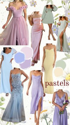 several different types of dresses with flowers on the bottom and side, all in pastel colors