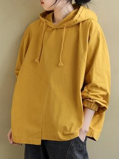 Artistic Retro Solid Color Split-Joint Hooded Long Sleeves Hoodies Yellow Hoodie With Pockets For Fall, Yellow Fall Hoodie With Pockets, Fall Yellow Hoodie With Pockets, Oversized Yellow Cotton Hoodie, Oversized Yellow Hooded Hoodie, Trendy Oversized Yellow Hoodie, Spring Solid Color Hooded Hoodie, Yellow Casual Hoodie For Fall, Casual Yellow Hoodie Top