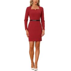 Styled in bodycon design with belt, this dress will easily highlight your slim waist and show your curve better. The sweetheart neck and stand shoulder create a flattering and feminine silhouette, accentuating your curves in all the right places. The business pencil dress makes the possibility of accessories such as shoes, or bags; the style is flattering for many figures. Measurement (in inches) Size----------Length----------Shoulder----------Chest----------Waist----------Hip XS---------------- Fitted Long Sleeve Belted Dress For Office, Fitted Long Sleeve Belted Office Dress, Office Wear Fitted Long Sleeve Belted Dress, Fitted Dress With Belt For Date Night, Fitted Belted Dress For Date Night, Fitted Knee-length Belted Dress For Date Night, Fitted Mini Length Belted Dress, Elegant Fitted Belted Dress For Date Night, Formal Fitted Mini Belted Dress