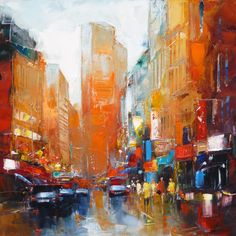 an oil painting of a city street filled with traffic