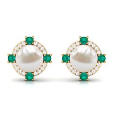 Product Details The Beautiful Halo Earrings are designed with combination of Three types of Round Shaped Gemstones moissanite stones, Freshwater Pearl and Emerald in Prong Setting in Solid Gold. The center stone is a Freshwater Pearl Solitaire encircled with moissanite stones and Emerald artistically. Grab these Stud Earrings and match them up with your favorite attire. Product Information SKU SHP-EARRINGS092021315 Length 11.2 mm Width 11.2 mm Weight 2.00 gm (Approximate) FRESHWATER PEARL INFORM Halo Earrings, Solitaire Studs, Cameo Pendant, Prong Setting, Fresh Water, Freshwater Pearls, Solid Gold, Halo, Emerald